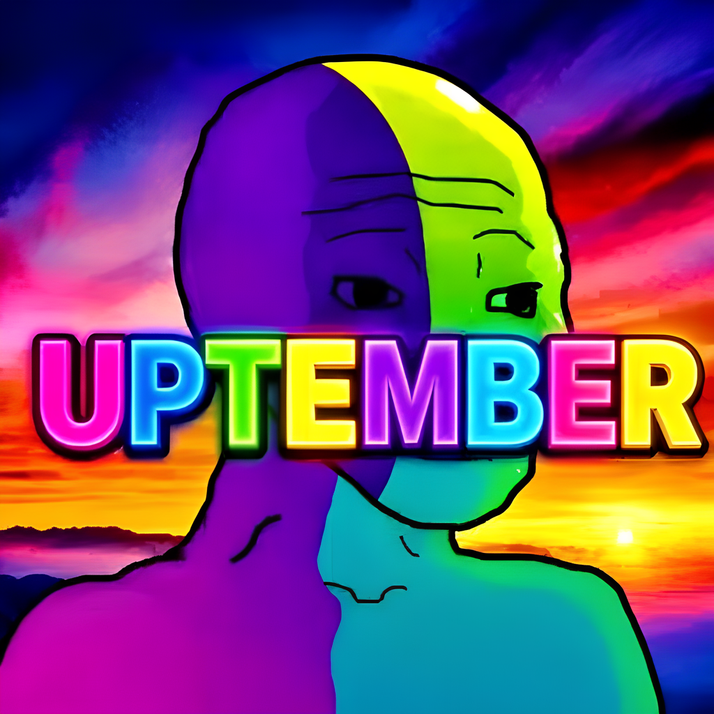 $UPTEMBER neon rainbow wojak artwork over a sunset sky